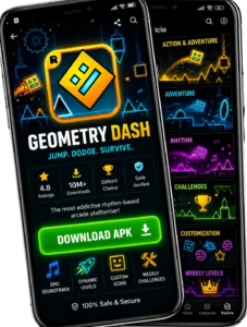 Geometry Dash APK latest version download screen with colorful cube gameplay and challenging levels