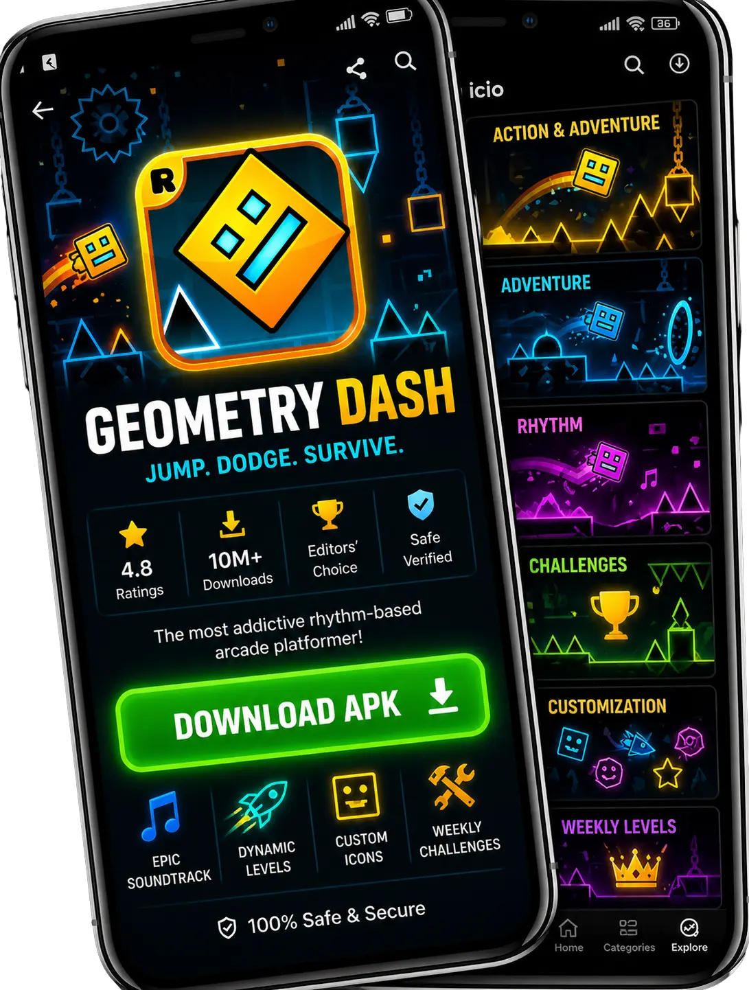 Geometry Dash APK latest version download screen with colorful cube gameplay and challenging levels