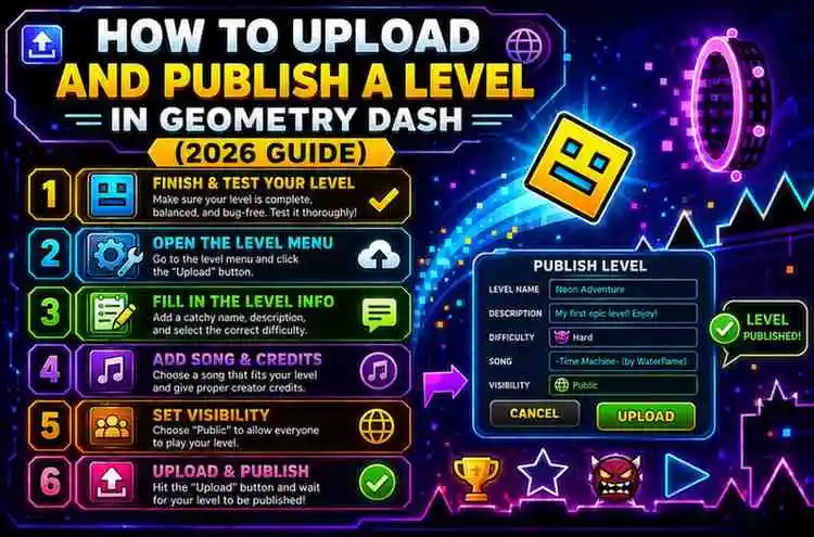 "Geometry Dash level editor showing the upload and publish options for sharing a custom level with the online community."